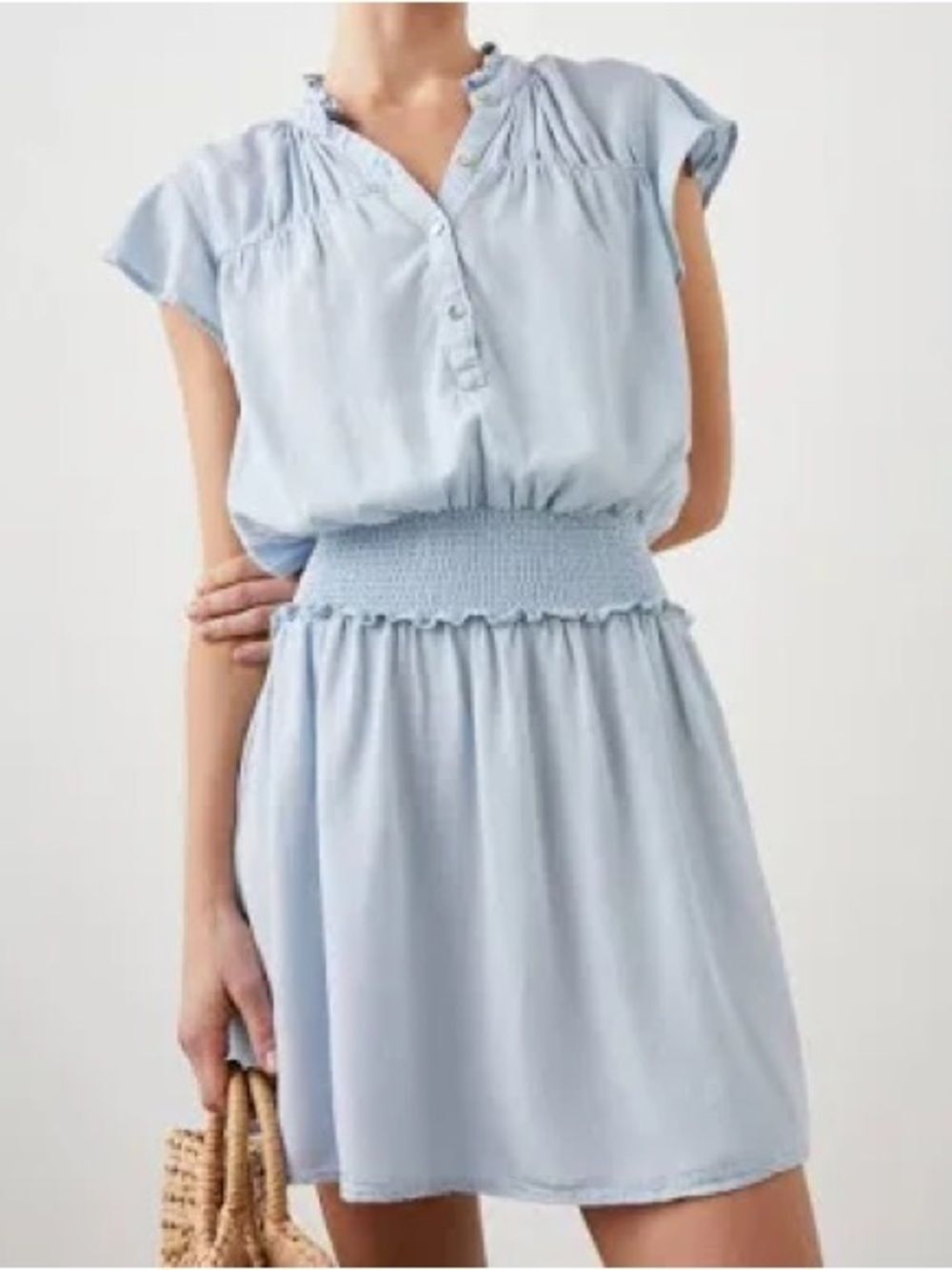Rails Light Blue Chambray Smocked Waist Ruffle Sleeve Mini Dress S